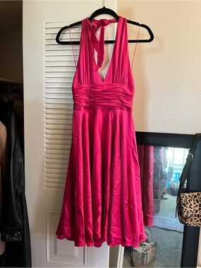 Y2K Silk Halter V-Neck Pink Evening Dress